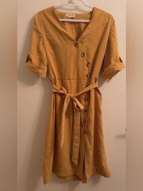 Mustard Button-Front Midi Dress with Tie Waist